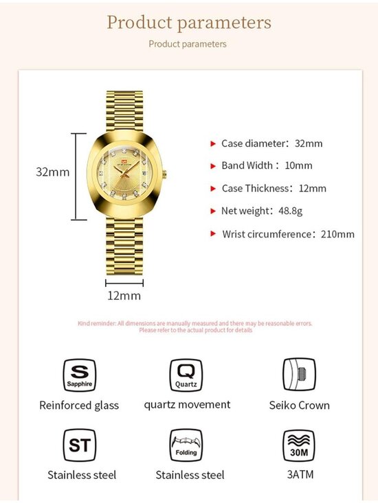 Women\'s Gold Black Casual Stainless Steel Oval Style Waterproof Wrist Watch main image 6